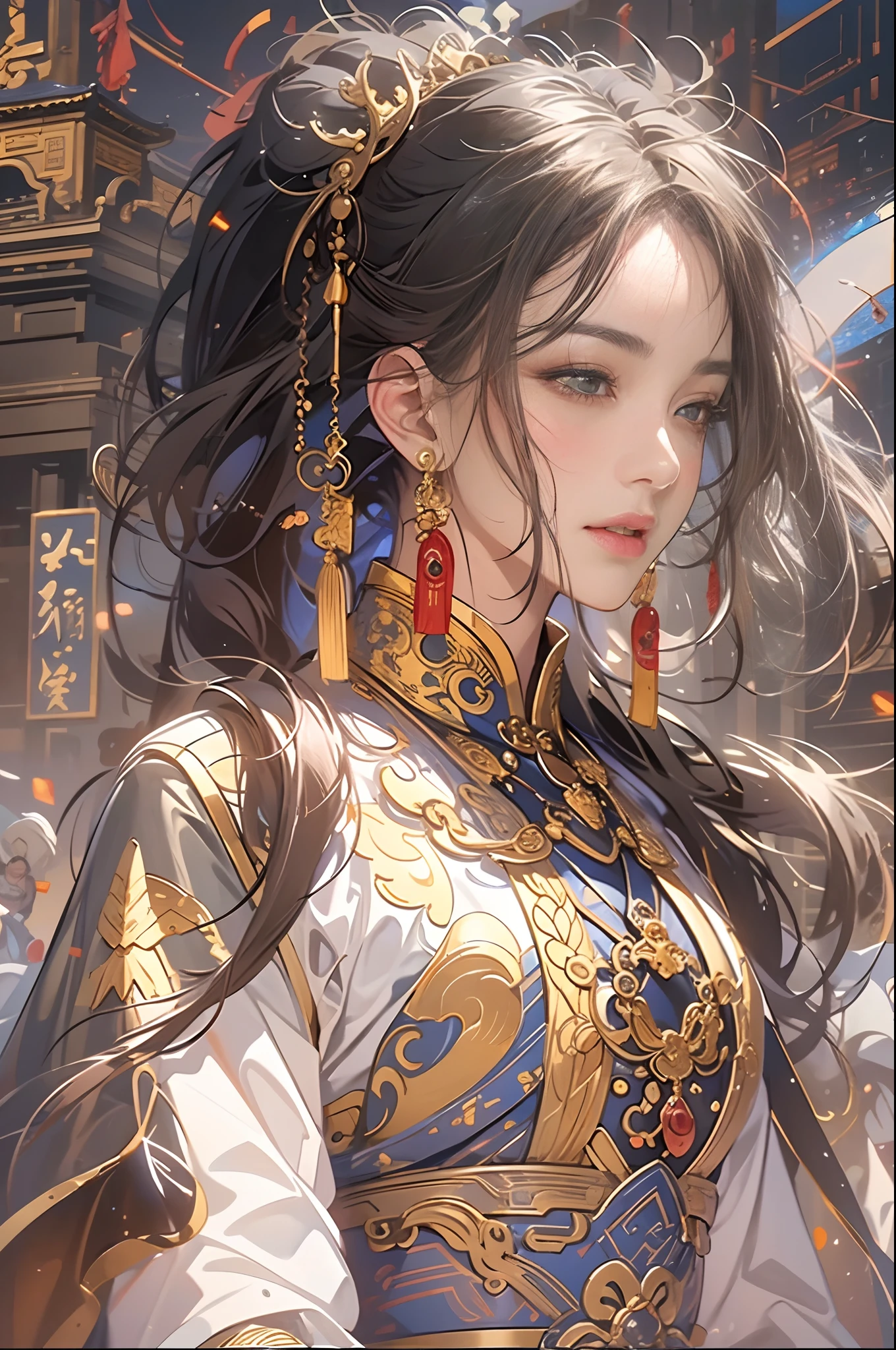 （Chinese girl,happy， long hair)， A character stands in front of a golden Taoist priest,Transparent,anatomy correct，face focus，Light green,facing to audience，（low details，Rational design，High- sharpness，best qualtiy，tmasterpiece，offcial art，16K，volumettic light）