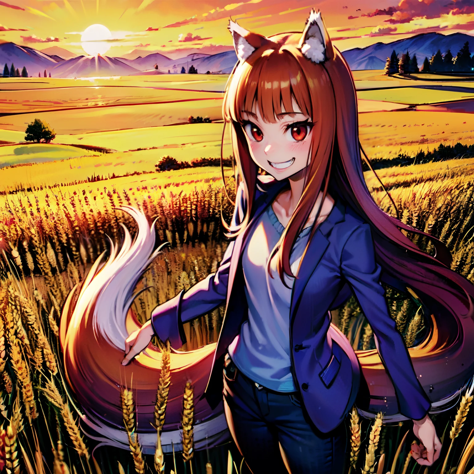 A woman in a suit standing in a field with a cat tail - SeaArt AI