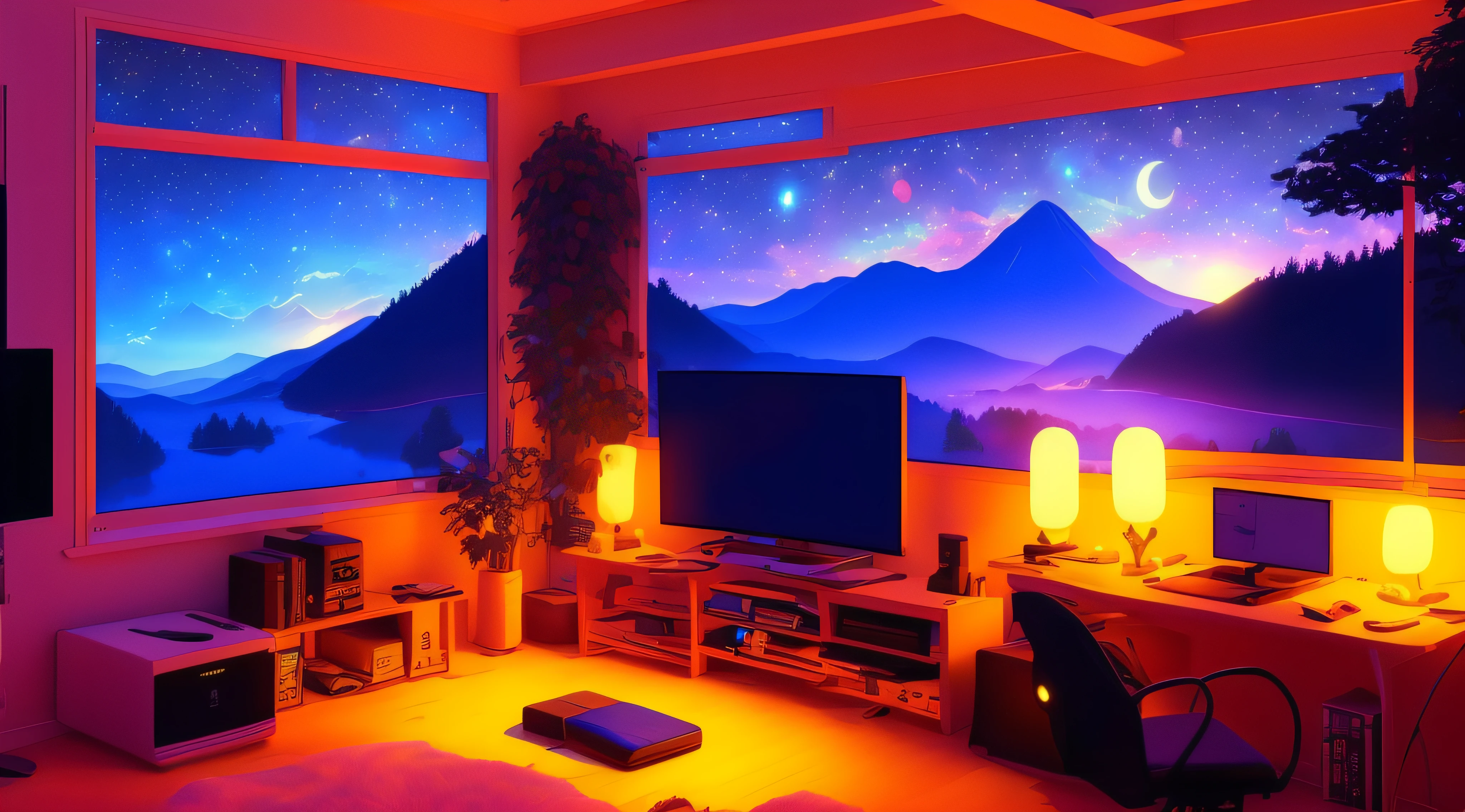 hestyle inside view of gaming room at evening, colorful night