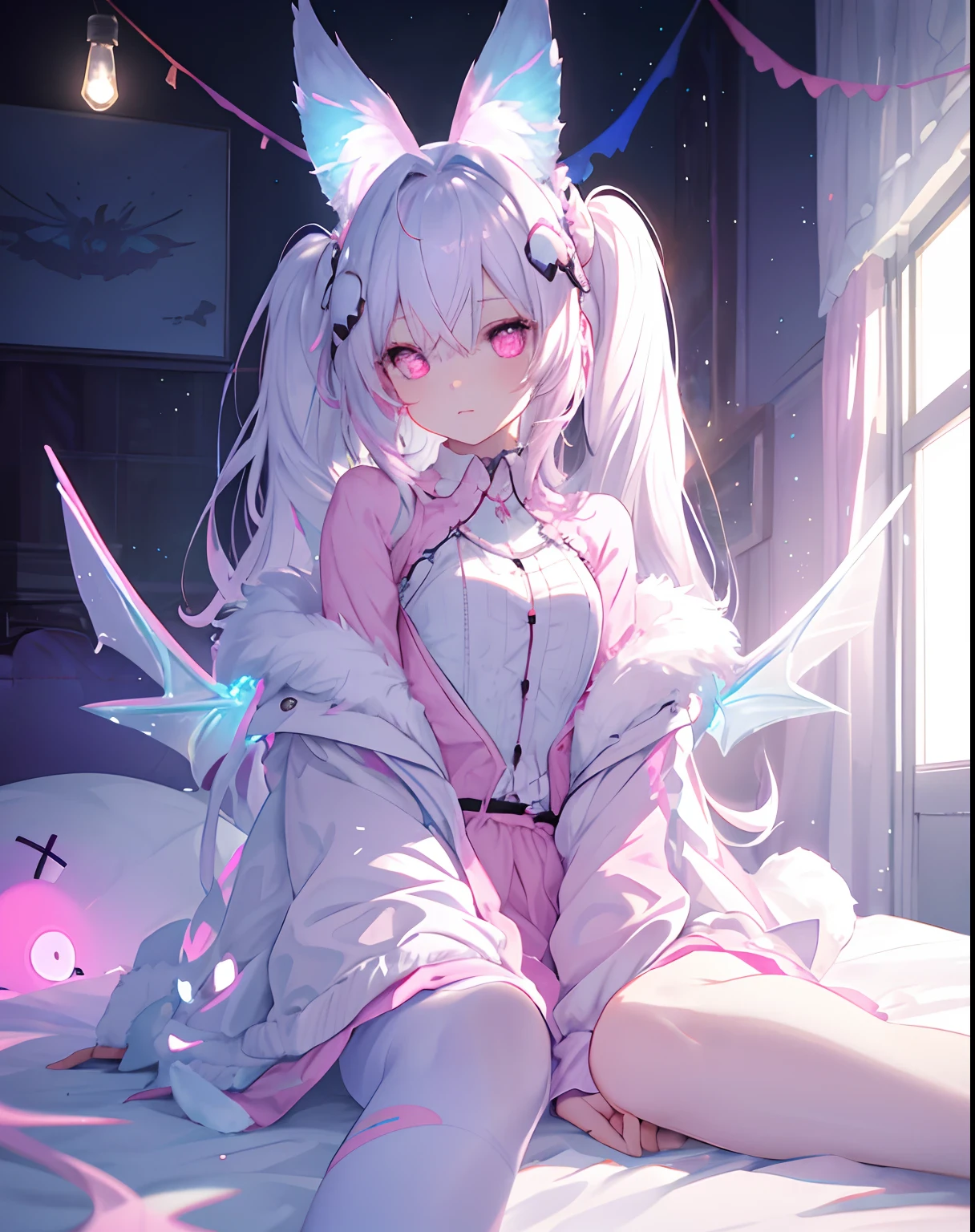 Very lovely，succubi，White hair，Pink elements on hair，hyper cute face，Light blue element on fur，pink glowing eyes，whitet-shirt，Blue element on clothes，sit on a bed，look from down，Beautiful lights and shadows，ambient lights，Ultra-delicate skin，volumettic light