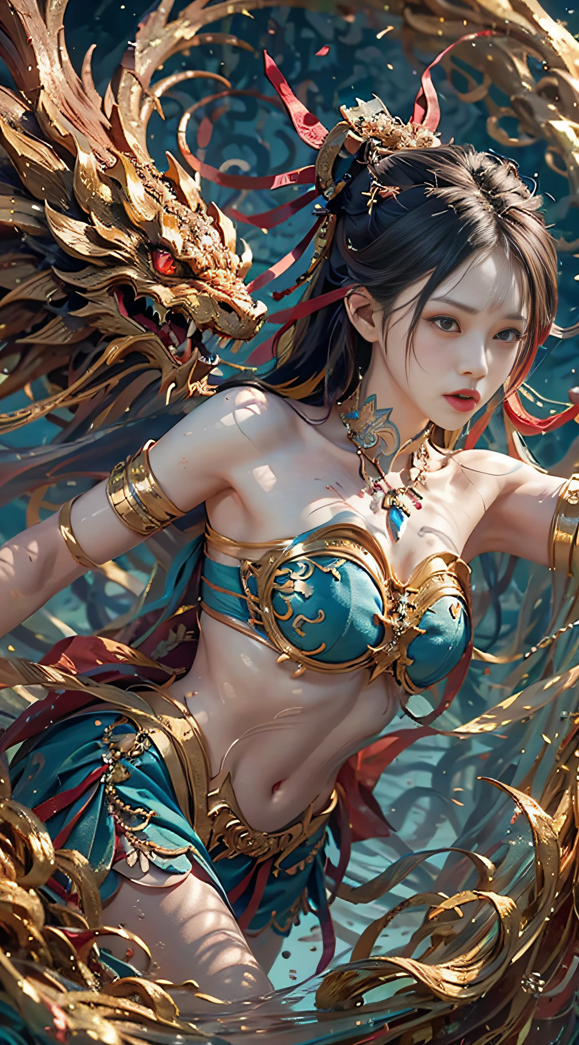 A girl, a dragon behind him, Dunhuang style, underwater, flying action, red ribbon wrapped around the body, surrealism, surrealism, supremacy, classicism, ultra hd, retina, masterpiece, ccurate, textured skin, anatomically correct, super detail, high detail, high quality, 1080P, high resolution, best quality, award-winning, 16k, 8k, 4k, hd