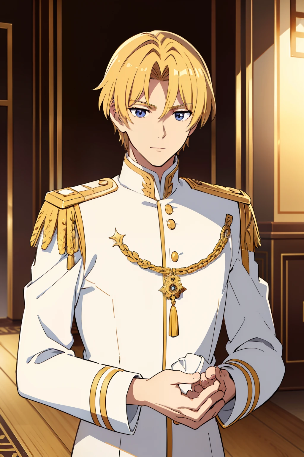 A man, prince, shiny blond hair, handsome, detailed face, white uniform with gold details, in a temple, bowing