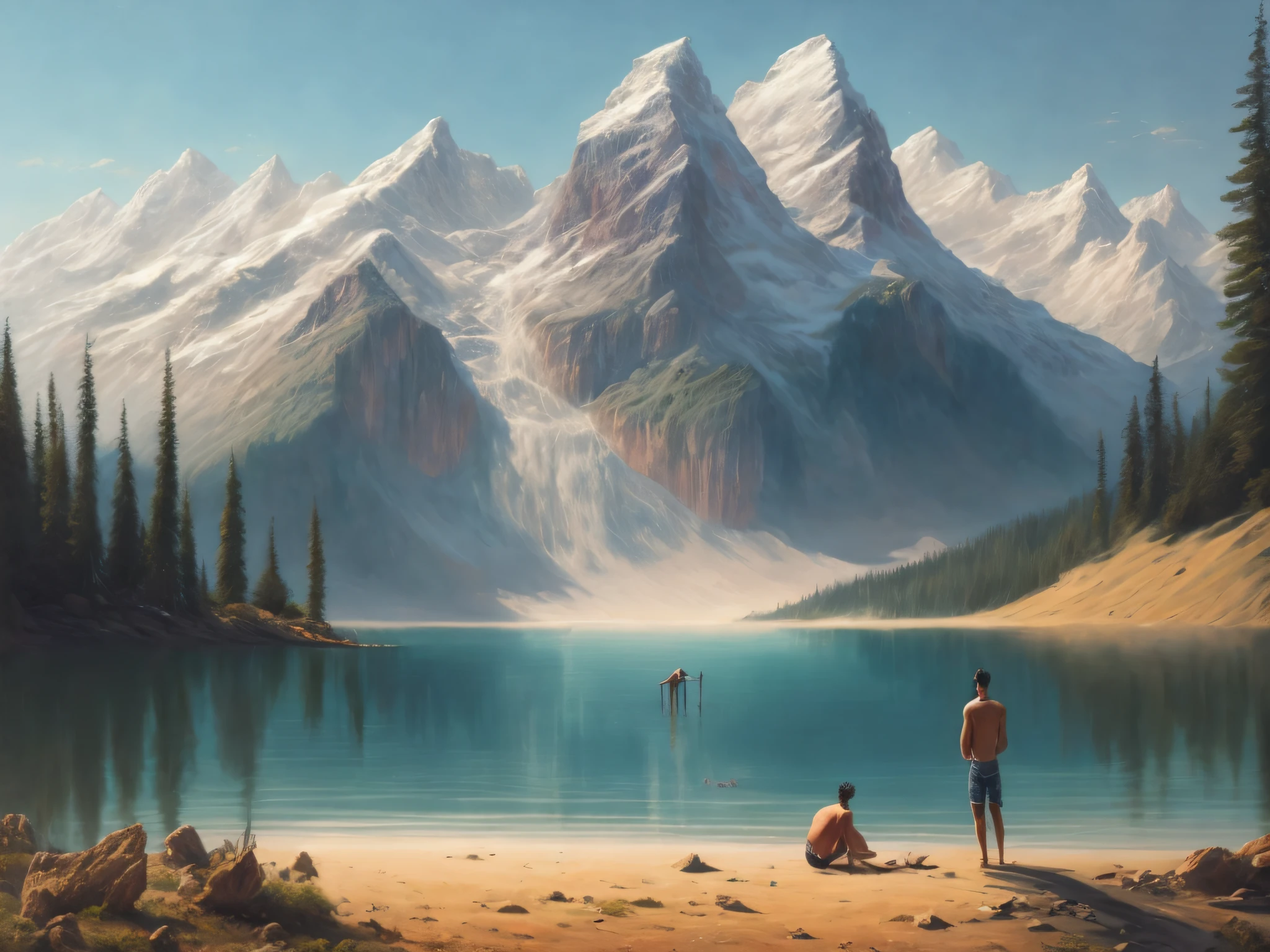 uma pintura de um homem na margem de um lago, sentado, apreciando a bela paisagem