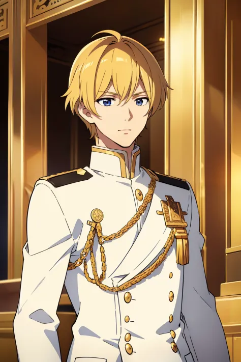 a man, prince, shiny blond hair, handsome, detailed face, white uniform with gold details, in a temple, bowing