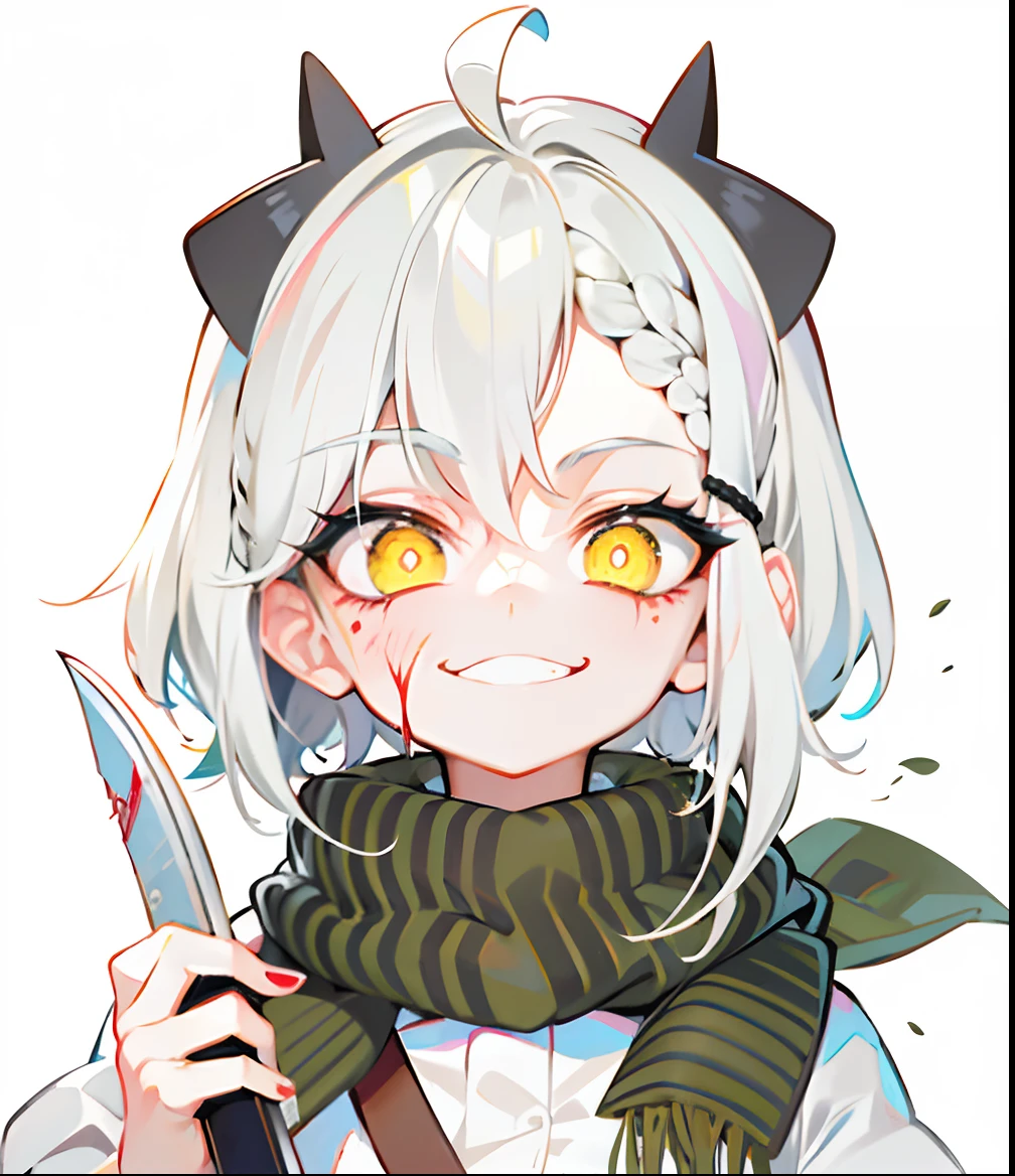 Best quality, 4K,Masterpiece, Extremely detailed, 8K, High detail, Sharp focus, 1girll, Solo, ((White hair)), Short hair,ahoge,(french braid),(Light green scarf), hair pin,((Dark gray corners)),((Yellow eyes)),Detailed eyes,, hair adornments,cropped shoulders,(Smug:1.3),Smile,,White jacket,Anime girl with white hair, rogue anime girl, Gesugao, (Evil smile:1.1), view the viewer, Sharp teeth, (Crazy yellow eyes with small pupils:1.2), Yandere, Looking down, (shaded face:1.2), holding knives, (blood spatter:1.1),knife_upper legs_Strap,((flat color))