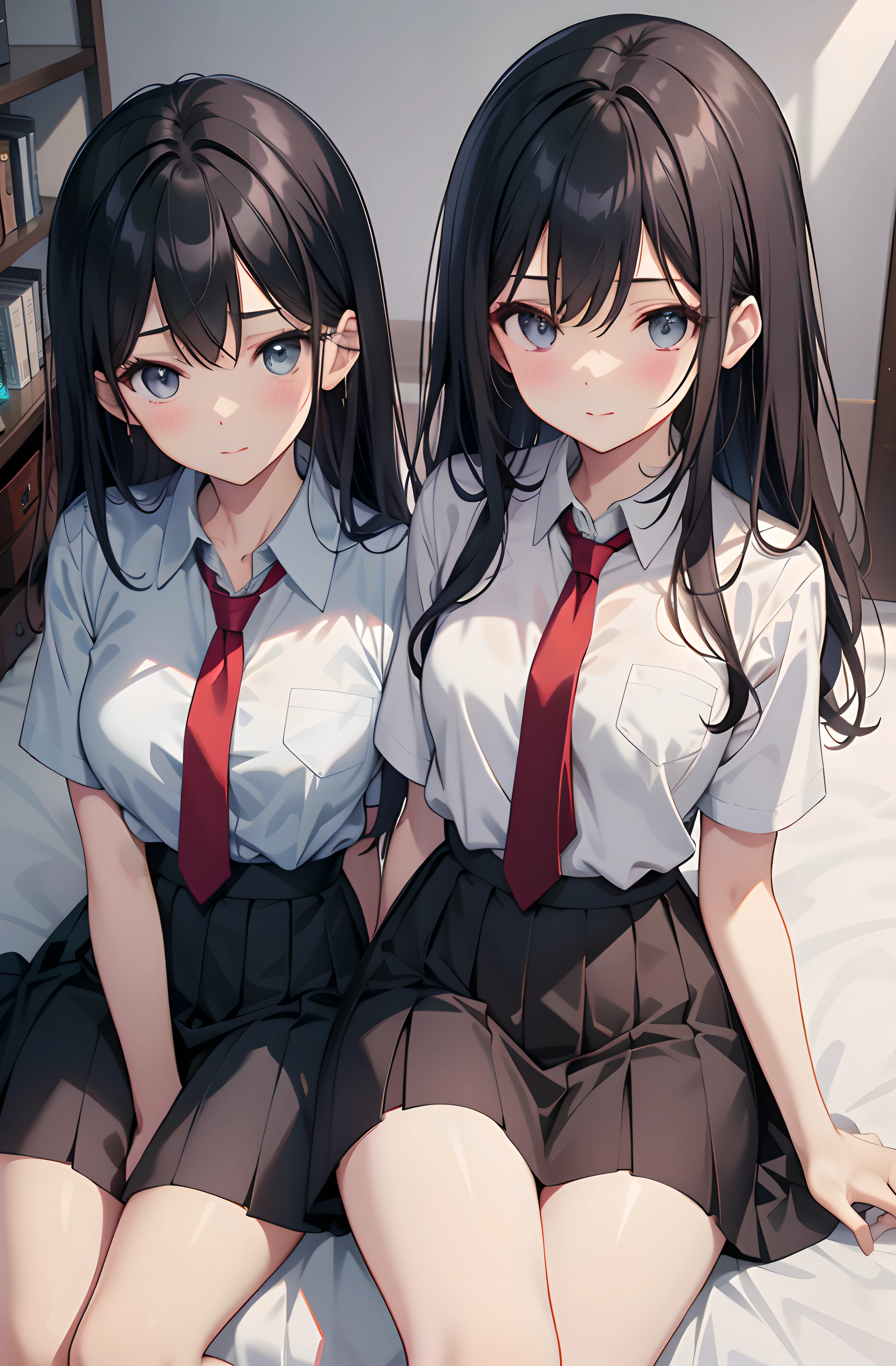 1 beautiful girl, High school students, Cute, medium-sized chest, Perfect eyes, Same eyes, Gal, Medium-length black hair instead of short,,,、Vivid color illustrations、Beautiful face、Kamimei、full body seen、on the beds、White shirt with short sleeves、Black skirt、red necktie、in a high 、sitting on、a beauty girl、Beautiful fece、quadratic element、Light Novel Heroine、original intention、