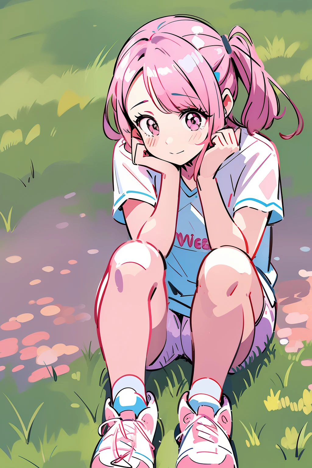 1girl, pink hair, twaintails, wariza, wariza sitting, solo, sitting on grass, w sitting, from above, sportswear, sport wer, hand between legs, outdoor, cute, blushing