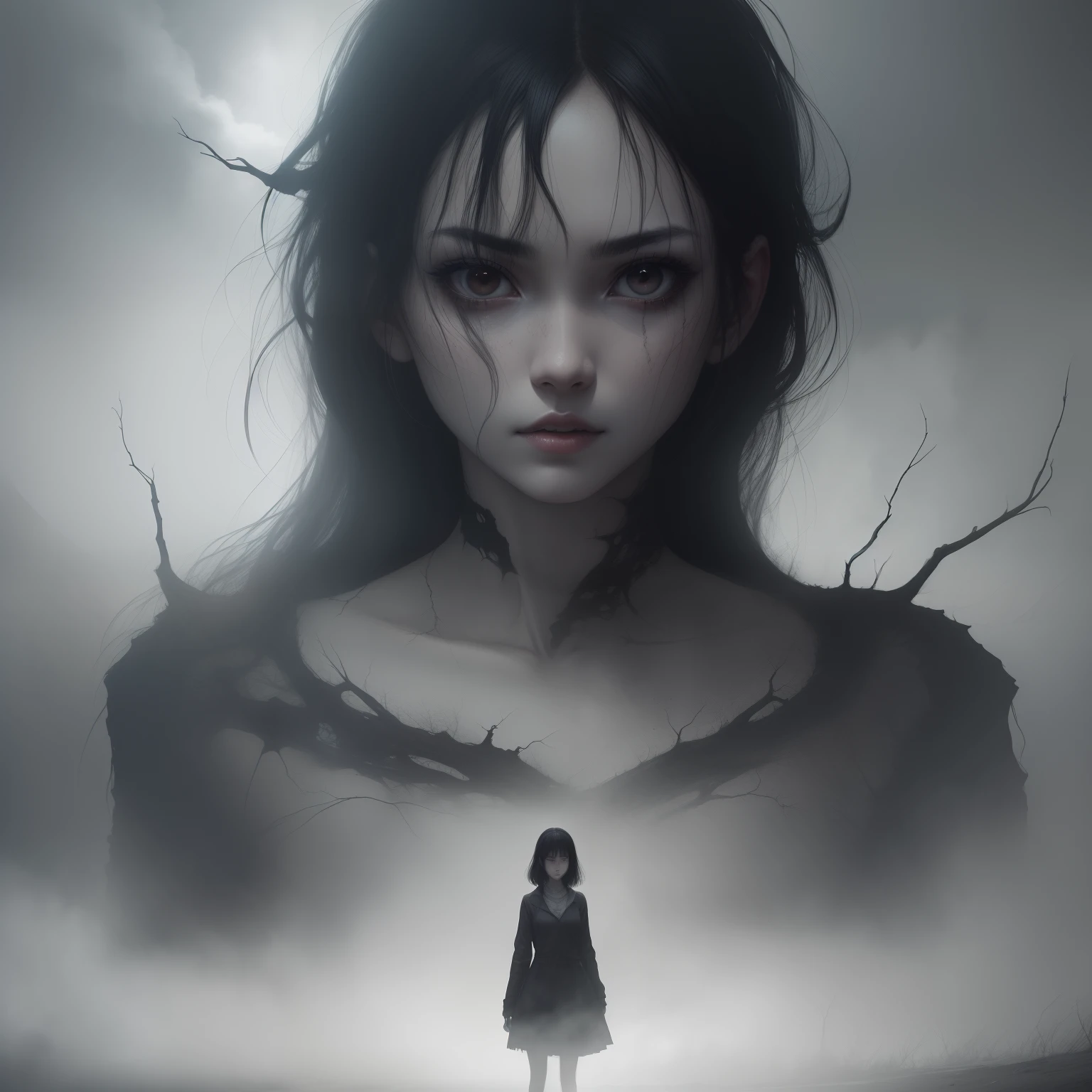 a beautiful girl, full body, 
horror, broken, distorted, sky, fog, smoke, dust, dark forest, shadow creatures,
Junji Ito, 
masterpiece, ultra high res, high quality, cinematic lighting,