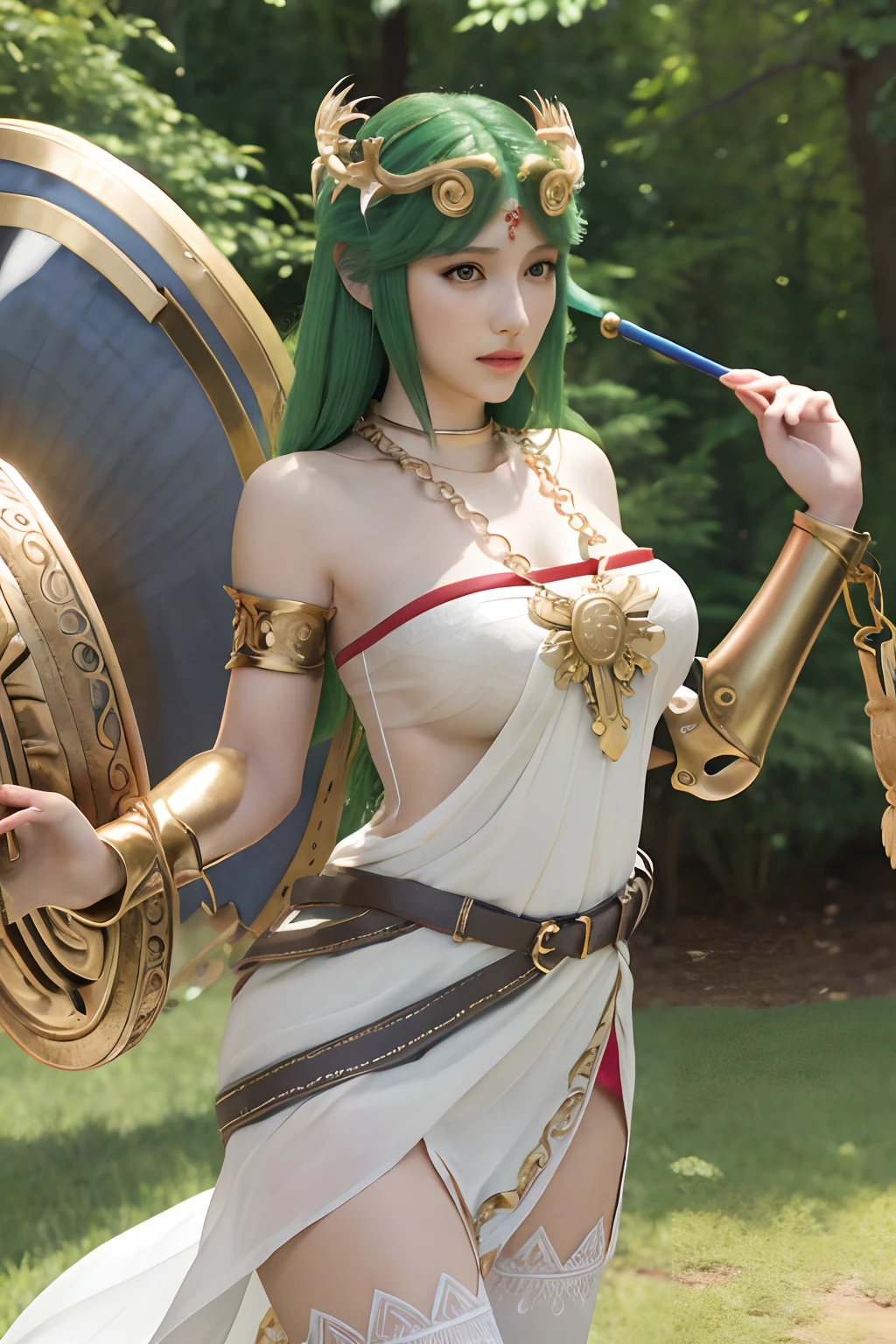 masterpiece, best quality, highres, hmpa1, palutena, parted bangs, tiara, large breasts, necklace, bare shoulders, strapless dress, vambraces, belt, white dress, white thighhighs, single thighhigh, outdoors, holding staff, staff, holding shield,