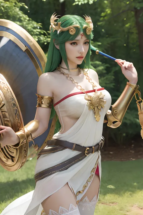 masterpiece, best quality, highres, hmpa1, palutena, parted bangs, tiara, large breasts, necklace, bare shoulders, strapless dre...