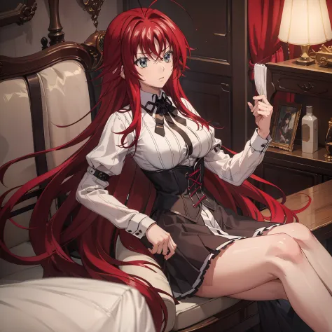 1 girl, rias gremory, long hair, crimson long hair, reaches down to thighs with a single hair strand sticking out from the top h...