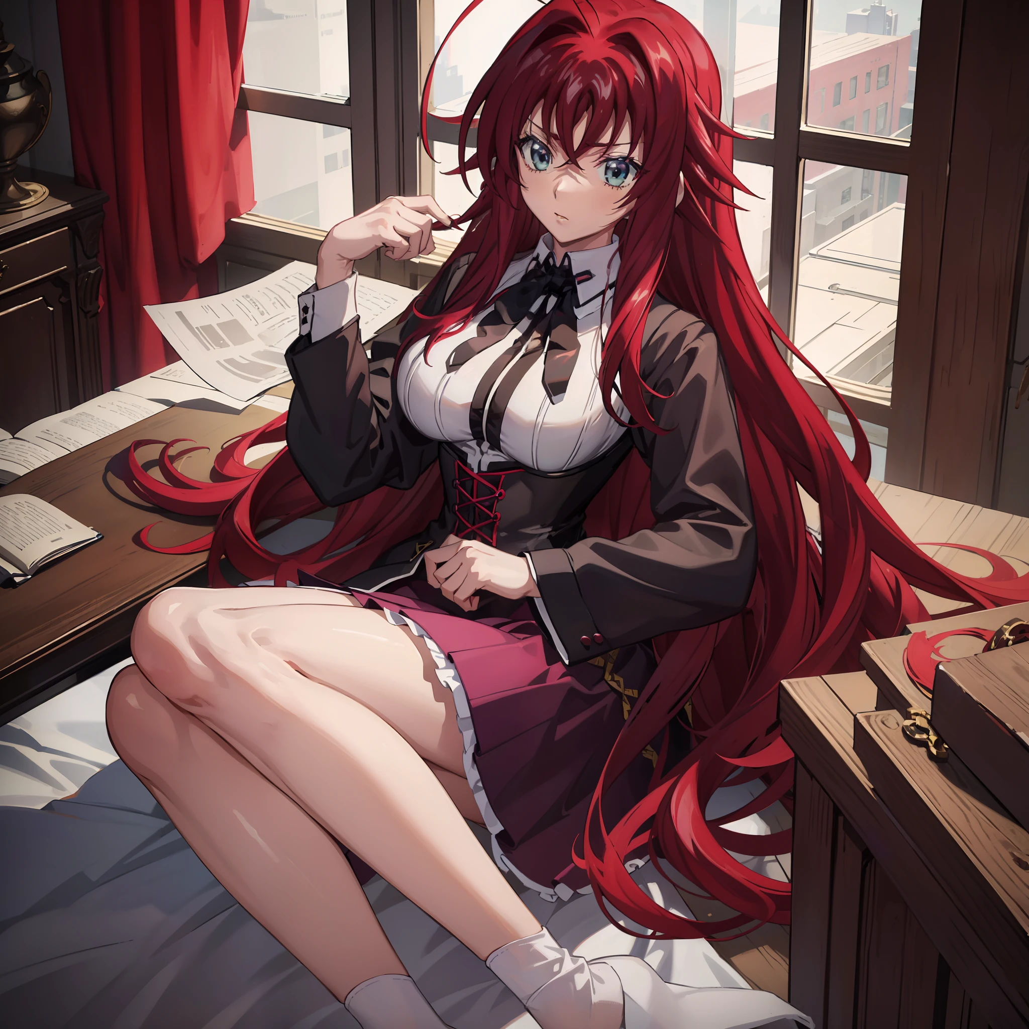 1 chica, Rias Gremory, pelo largo, crimson pelo largo, llega hasta los muslos con un solo mechón de cabello que sobresale de la parte superior del cabello también tiene flequillo suelto que cubre la frente y flequillo lateral que enmarca la cara, cuerpo voluptuoso, pechos grandes, Camisa blanca de manga larga con botones y una cinta negra en el cuello, debajo de una capa negra en el hombro y un corsé con botones a juego., falda magenta con detalles en blanco y zapatos de vestir marrones sobre un calcetín blanco hasta el cuello, dentro del aula, mirando a los espectadores, sentado encima de la mesa, forma perfecta del dedo, el número de dedos no es excesivo