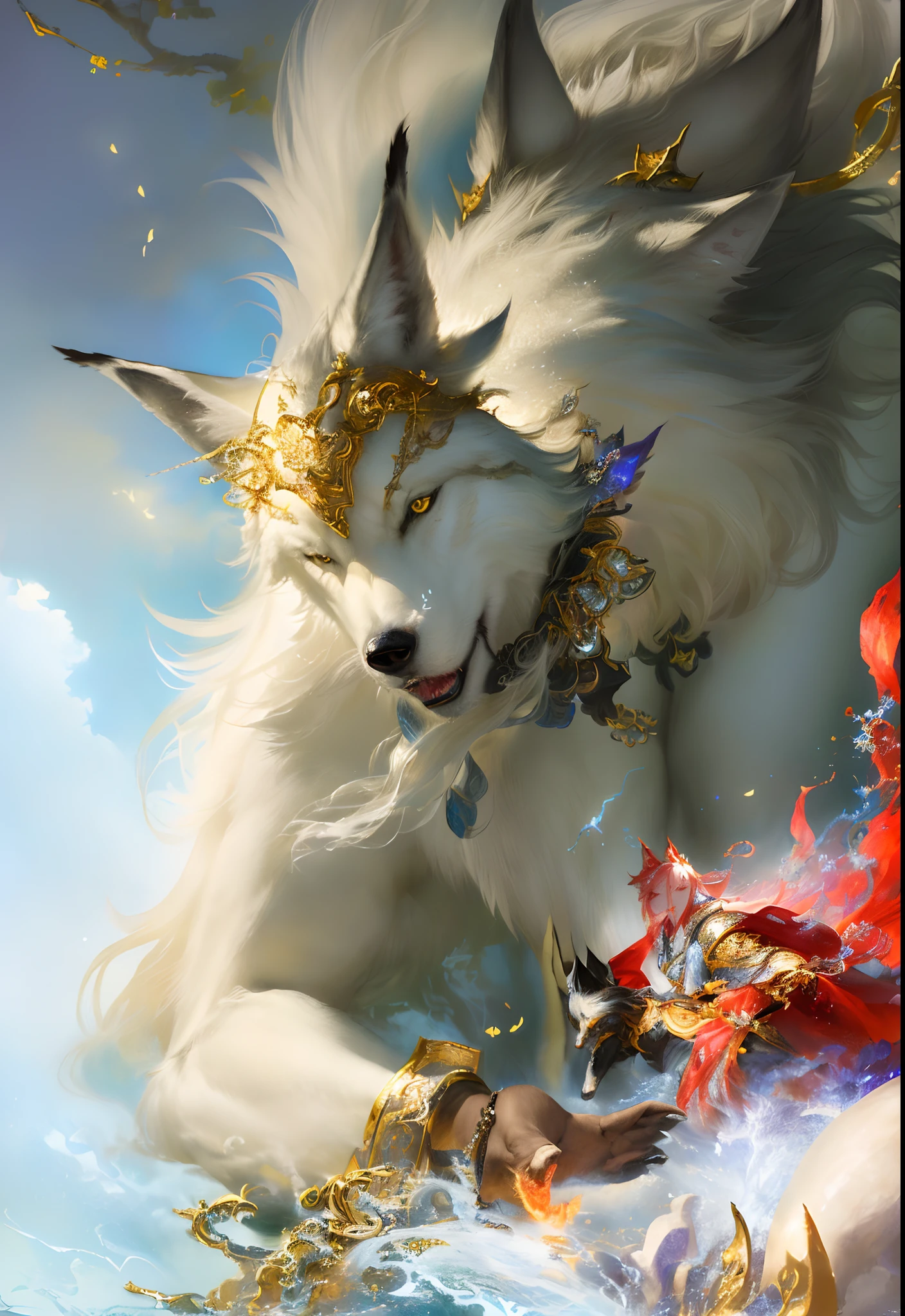 um lobo branco, Arte detalhada de Onmyoji, WLOP e Sakimichan, por Yang J, arte de fantasia peluda, tendências no artstation pixiv, 2. arte de fantasia de anime 5 d cgi, Criaturas mitológicas, Arte de fantasia Behance, arte peluda muito linda, arte digital detalhada de anime, ilustração de fantasia de anime