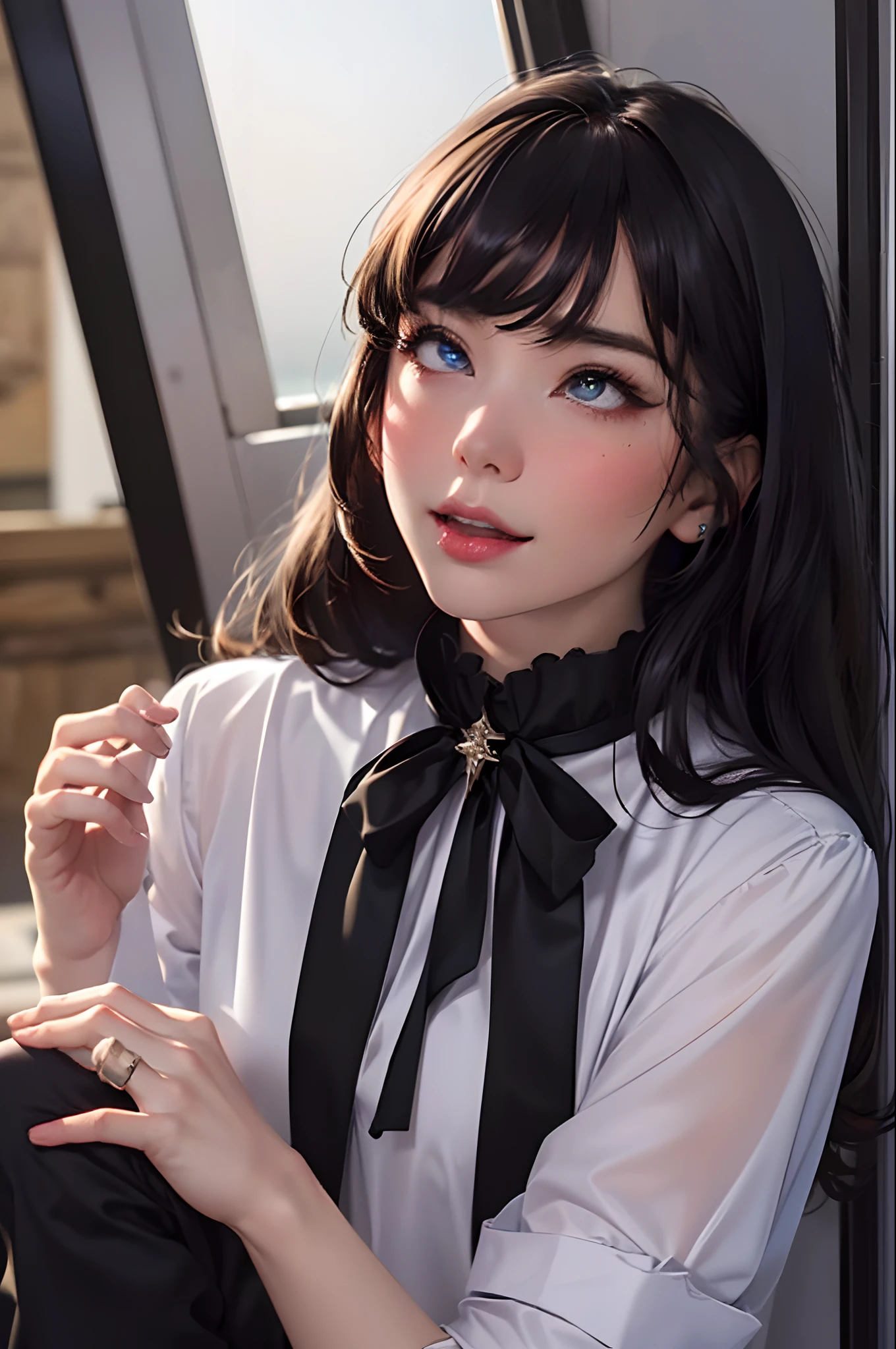 masterpiece, best quality, ultra-detailed, illustration, epic lighting, cinematic composition, isometric, 1girl, (solo:1.5), cute, blue eyes, green eyes, detailed iris, black hair, swept bangs, single sidelock, red hairclip, unbuttoned white shirt, choker, loose black necktie, black pants, formal, enchanting gaze, captivating pose, indoors, office, door, opening door, looking at viewer, peeking out upper body, blush, seductive smile, closed mouth,(8k:1.1), (ahegao:1.5)
