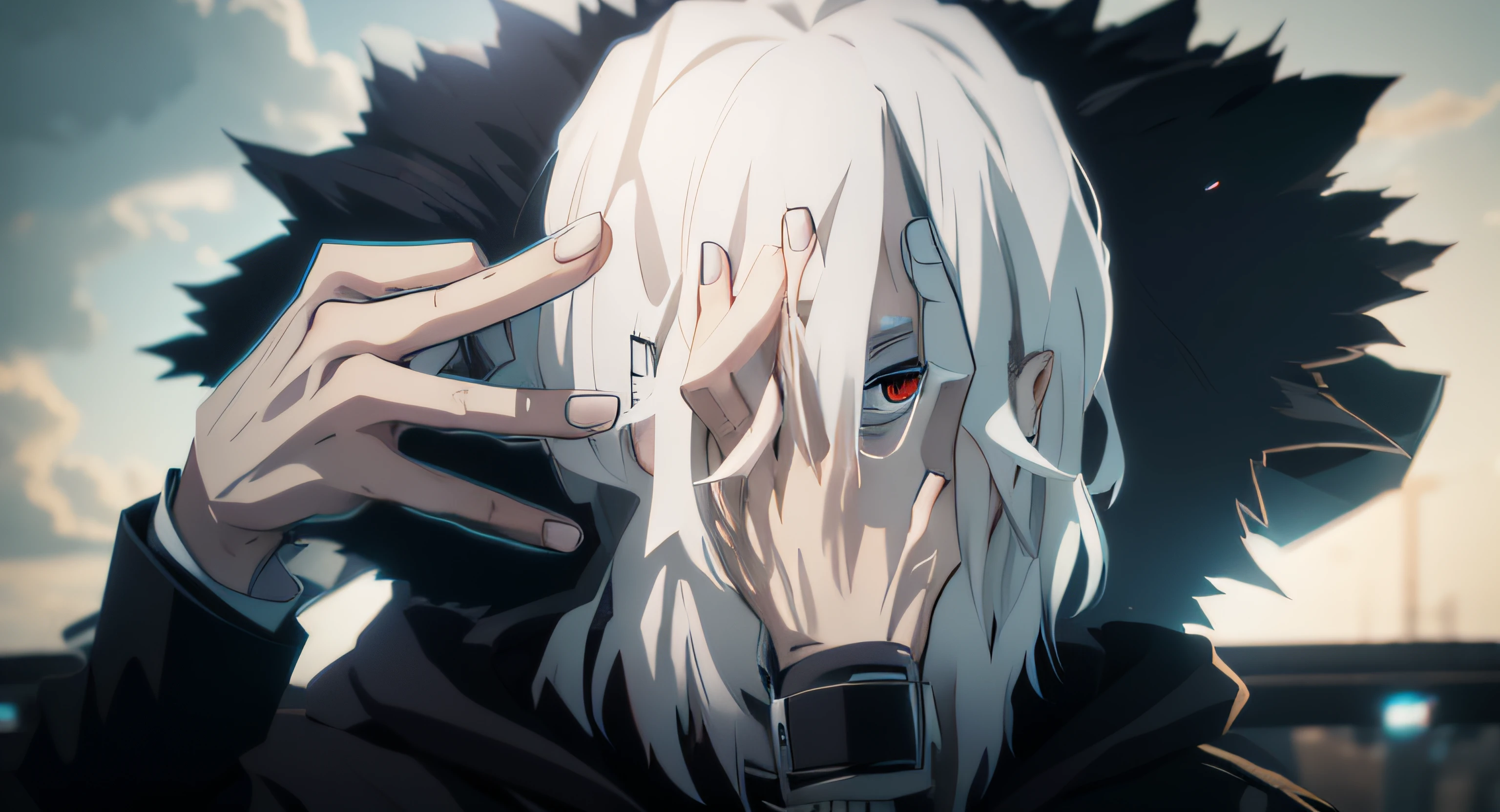 Hand on face, that's a hand, There is a drawing of a zombie with white hair and a white face, , um louco de cabelos prateados, 2 d estilo anime, Arte digital de boku no hero, portrait demon half human, tomura shigaraki,boku no hero shigaraki, 2 d arte, Arte 2D, 2D digital , arte realista, anime estilo