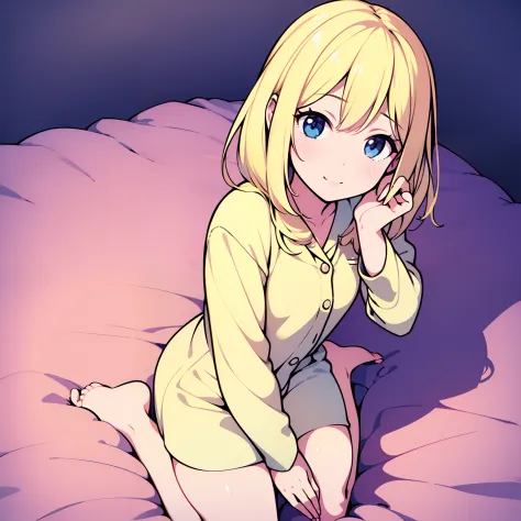 1girl, blonde hair, wariza, wariza sitting, solo, sitting on bed, w sitting, from above, pajama, hand between legs