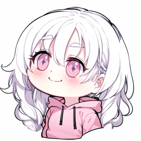 1girl, white hair, medium hair, pigtails, wavy hair, pink eyes, black hoodie, closed smile, thick outline, twtich emote, blue ba...