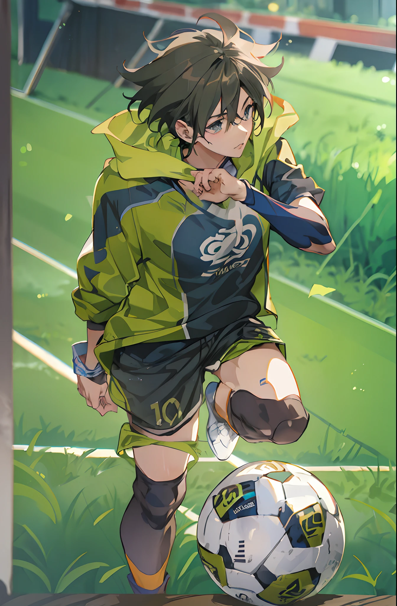  anime chutando uma bola de futebol em um campo de futebol, Estilo artístico de Kentaro Miura, arte anime de alta qualidade, tendências no artstation pixiv, estilo de arte mangá kentaro miura, por Shitao, estilo de arte anime moe, Cushart Kenz, ilustração de shigenori soejima, Guweiz na Pixiv ArtStation, Fukaya Yuichiro