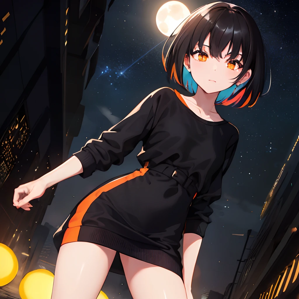 masterpiece, high quality, solo, 1girl, Black dress, short black hair, short height, orange sweatshirt, black city, night, shining moon, faith of colorful stars,