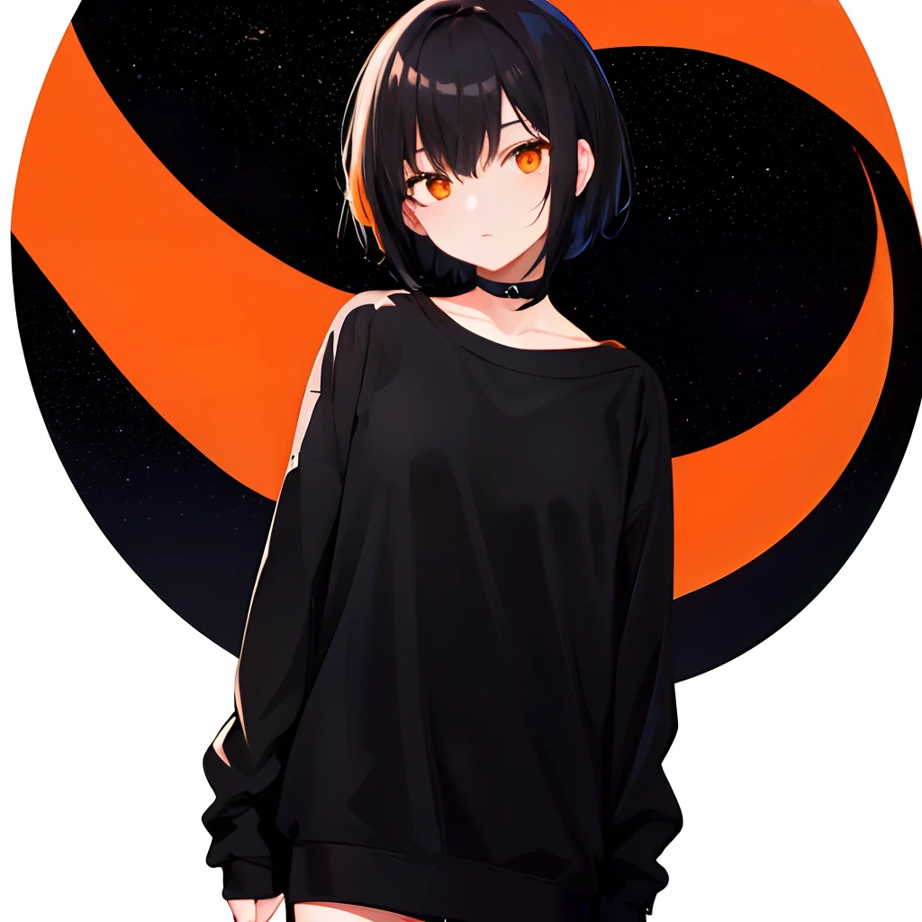 masterpiece, high quality, solo, 1girl, Black dress, short black hair, short height, orange sweatshirt, black city, night, shining moon, faith of colorful stars,