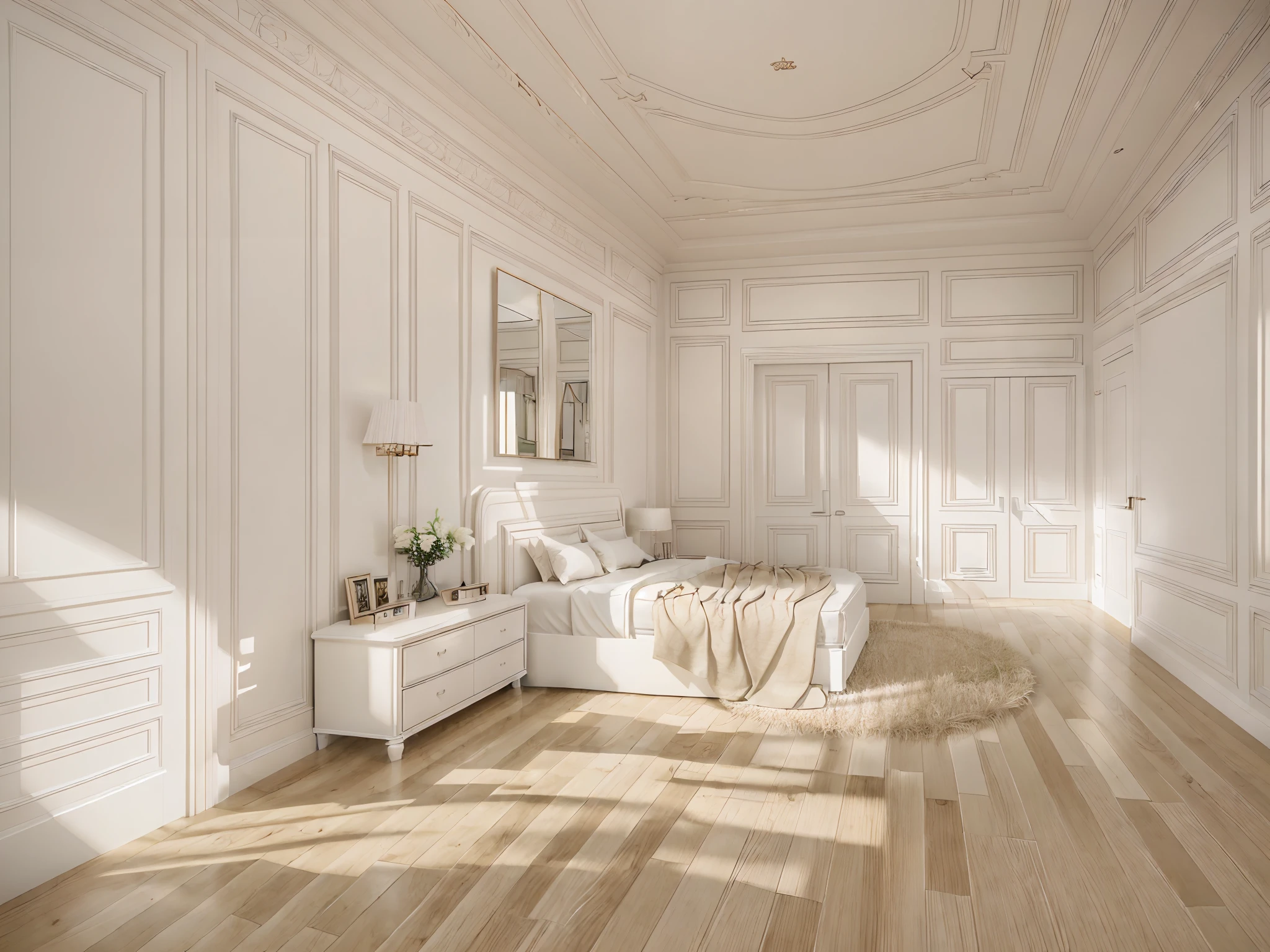 ((indoor neo classical bedroom scene.)), morden bedroom (about bedroom:1.3), (realistic), (masterpiece), super-detailed, ultra-realistic, (full detail), (high quality), (8k), (4k), 1 window from the wall to the ceiling, day light, (whiten tone:1.5), wall art.