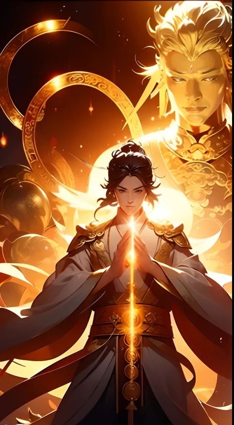 2 people，Immortal Warlock，A handsome Taoist priest stood in front of the Taoist mage，radiating golden light，Handsome Taoist prie...