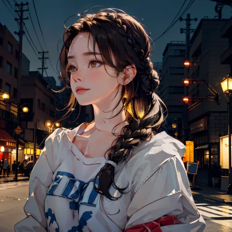 kr-pny, braided bun,  parted bangs, 1girl, portrait, black haired girl with yellow highlights, A girl walking down a boulevard i...