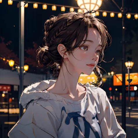 kr-pny, braided bun,  parted bangs, 1girl, portrait, black haired girl with yellow highlights, A girl walking down a boulevard i...