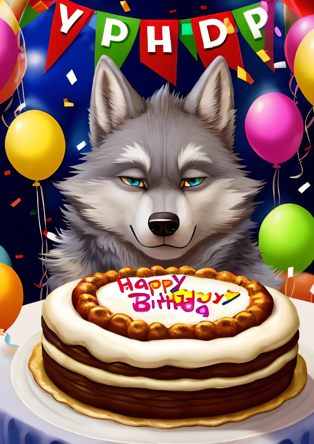 밝은 회색 털복숭이 늑대가 생일을 맞이하고 있습니다.  ( 숫자 27을 이루는 케이크의 촛불을 끈다)