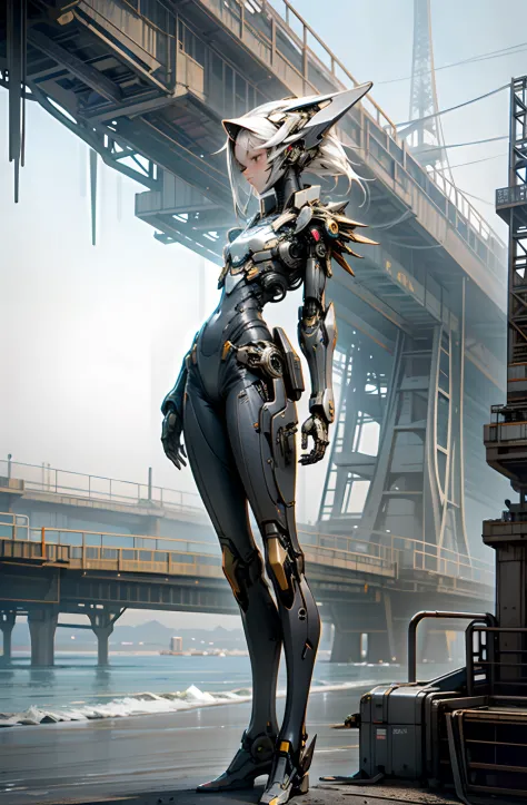 Best quality, delicate face, 25-year-old girl, slim body, body made of metal, small bust, metal structural skeleton, seaside, standing posture, beach, huge spaceship floating in the air, cyberpunk, sci-fi
