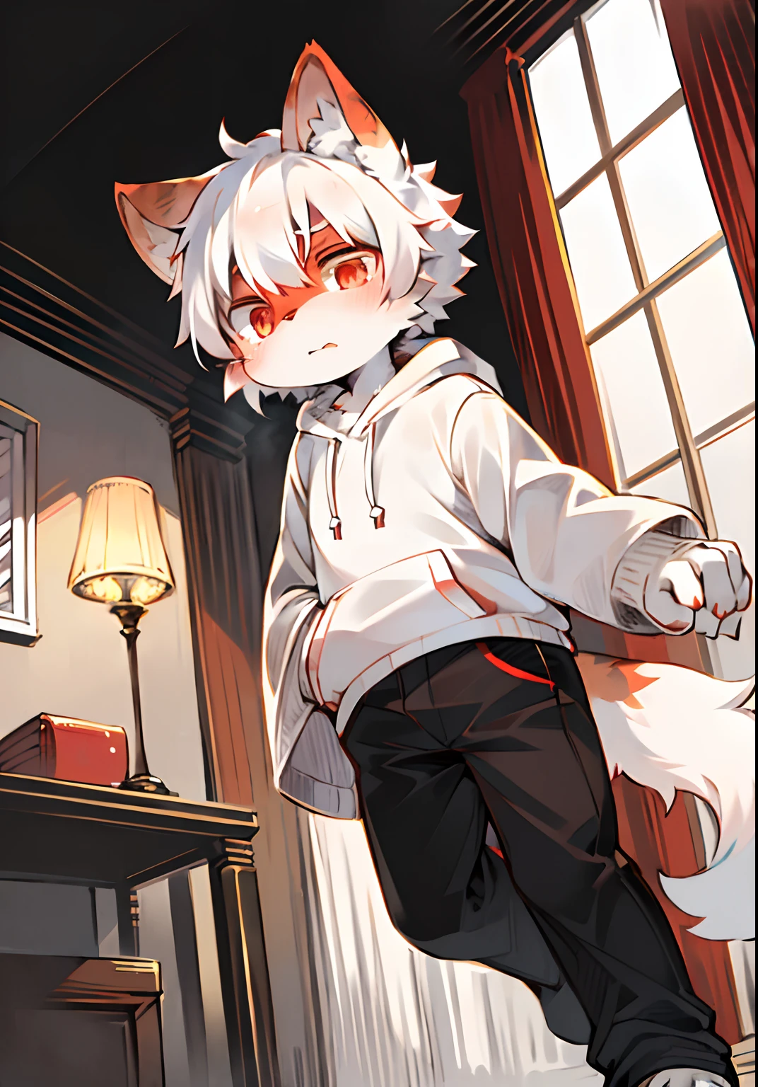 (Bright environment:0.8),masterpiece,high quality,abstract res,digital painting\(artwork\), by Dagasi, yupa,kiyosan,(anthro,fluffy fur,character focus:1.1),anthro male cat,short hair,portrait , eyes with brightness, in a panoramic view, Character focus.(detailedbackground:0.7), solo, shaggy, shaggy male, malefocus, anthr,(Full Body Furry, Fluffy tail, White fur, Crimson eyes, white color hair:1.2), (long canines、Red and white hooded sweatshirt，Black and white pants:1.2），（White house，Grim expression：1.1），