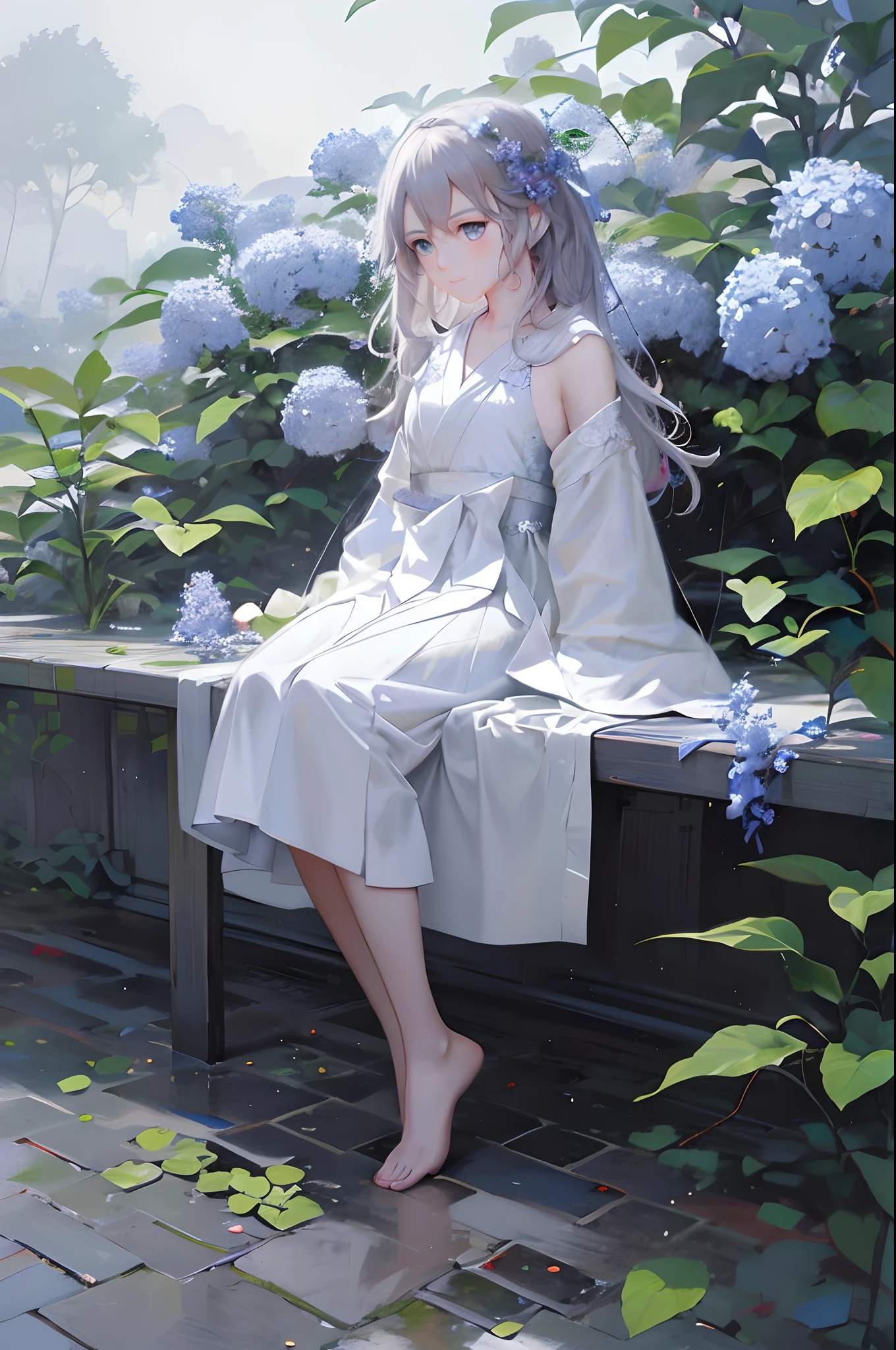 Anime fille assise sur un banc，des fleurs dans les cheveux, Oeuvre de style Guviz, Guweiz dans Pixiv ArtStation, Guweiz sur ArtStation Pixiv, Guviz, Waifu anime mignon dans une jolie robe, Bel art animéwork, Bel art animé, tendance sur cgstation, visuel animé d&#39;une jolie fille