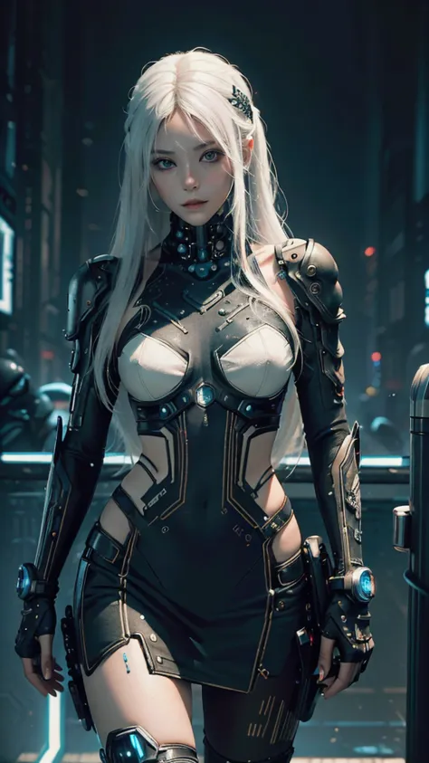 ((Best quality)), ((masterpiece)), (detailed: 1.4), 3D, cyberpunk, a beautiful woman with long white hair