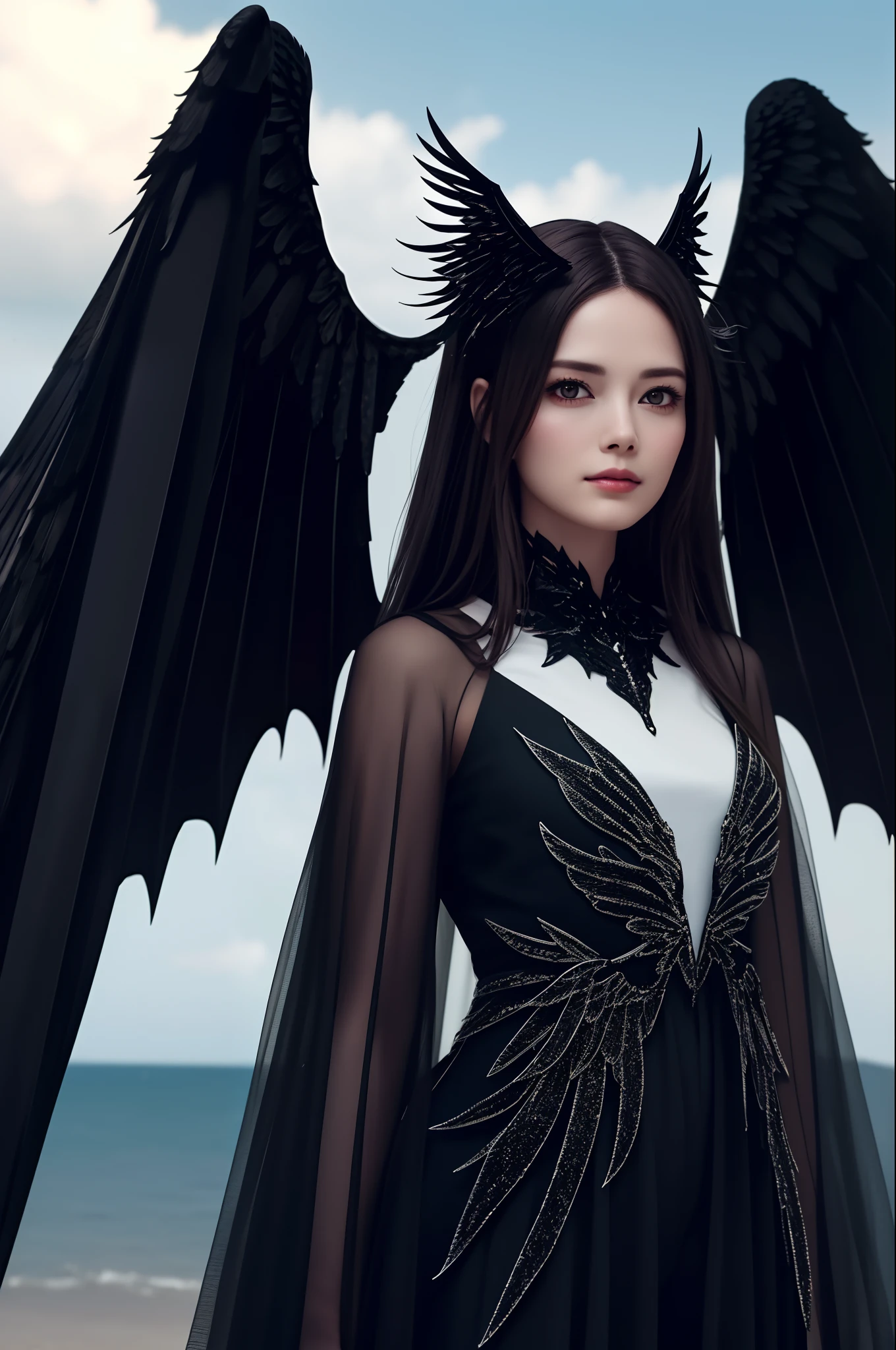 maiyan,(extremely detailed CG unity 8k wallpaper,masterpiece, best quality, ultra-detailed, beautiful detailed eyes:1.2),best illumination,dark night,moonlight,(best shadow, an extremely delicate and beautiful, bloom), ((a dark angel,hair ornamen,dark eyes,long hair,angel wings,black wings)),smirk,oversized wings,(big wings:1.4),dramatic,cinematic,Film filter,