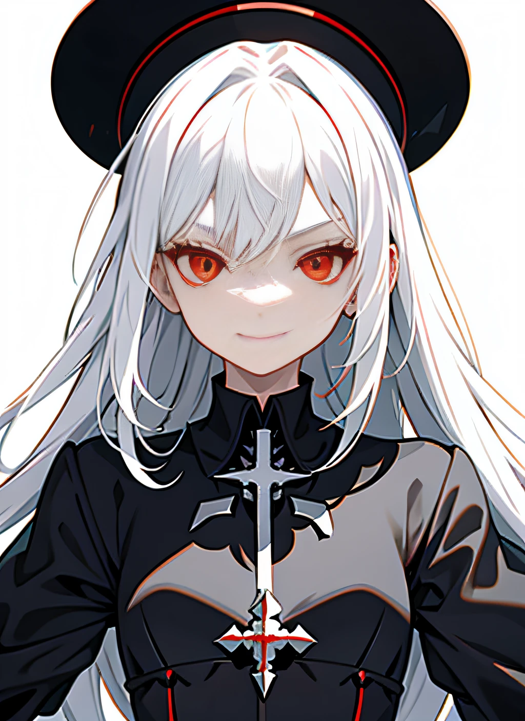 Anime girl with white hair in black hat and red eyes, with a red halo over her head, mechanized witch girl, zerochan art, with glowing red eyes, with red glowing eyes, Best anime 4k konachan wallpaper, zerochan, From Arknights, white-haired god, ufotable art style, made with anime painter studio，Church background