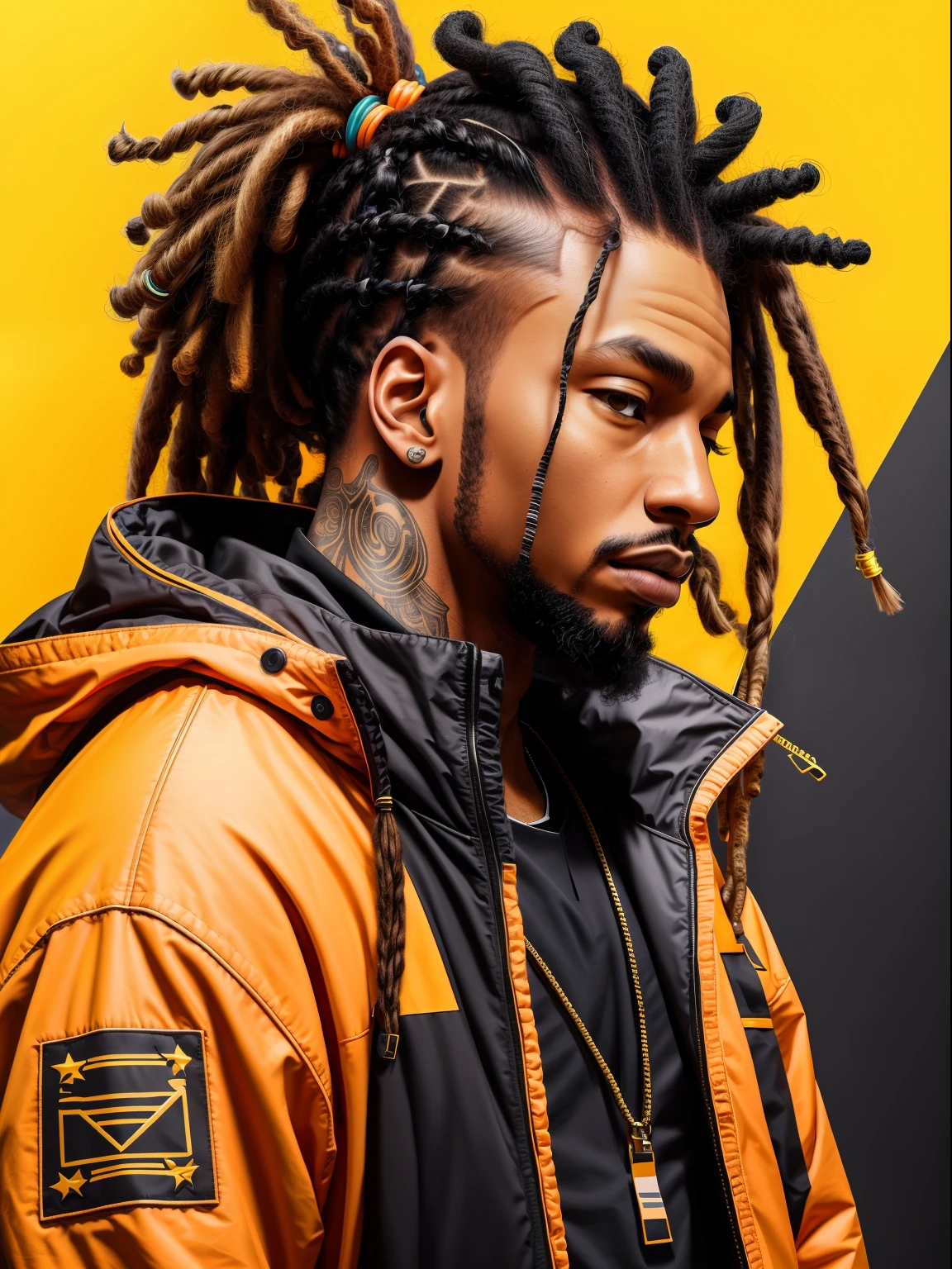 1 rapper com cabelo dreads, jaqueta techwear laranja, fundo abstrato minimalista