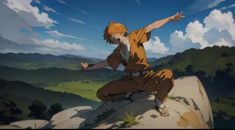 Denji on top of a rock with a heroic pose and his outstretched arm. with a squeezing of anger