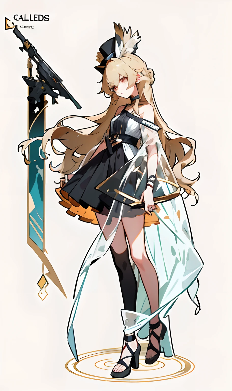 Anime girl with sword，Hats and dresses, pretty anime character design, girls frontline style, Anime character design, From Arknights, from girls frontline, interesting character design, anime full body illustration, Great character design, Highly detailed character design, bravely default inspired, Detailed character design, [ Character design ], detailed anime character art, ( ( concept art of character ) )Adult females of the highest quality, Celebrity, Black shawl, Lady, cabellos largos dorados, curlies, Long curly hair, evening formal robes, Bandeau evening dress, Long dress that is translucent from top to bottom, Fishtail skirt evening dress, Small animals, Beautiful costumes。Crystal skirt, Stand up, Perfect three-quarters face, Full body standing painting, surrealism, shadowing, anaglyph, stereograms, tachi-e, angle of view, Atmospheric perspective, Rococo style, conceptual art, 8K, Super detail, ccurate, Award-Awarded, Best quality, 8K, High details, Textured skin, hyper HD, Masterpiece
