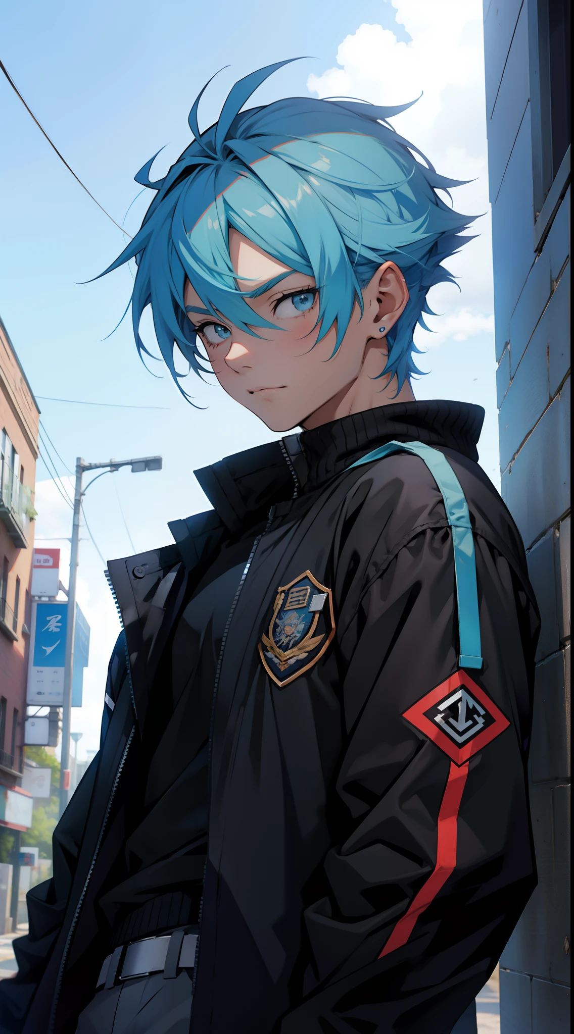 un chico adolescente anime, con pelos azules cortos, Vistiendo una chaqueta negra