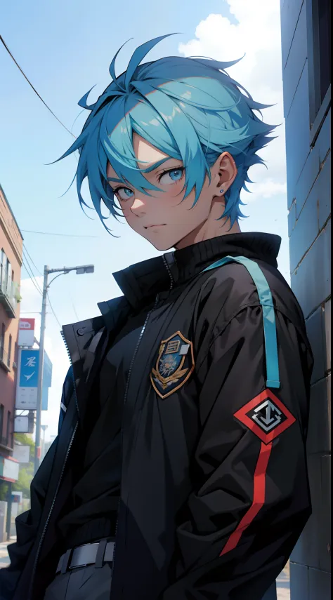 a anime teen guy, with short blue hairs, wearing a black jacket