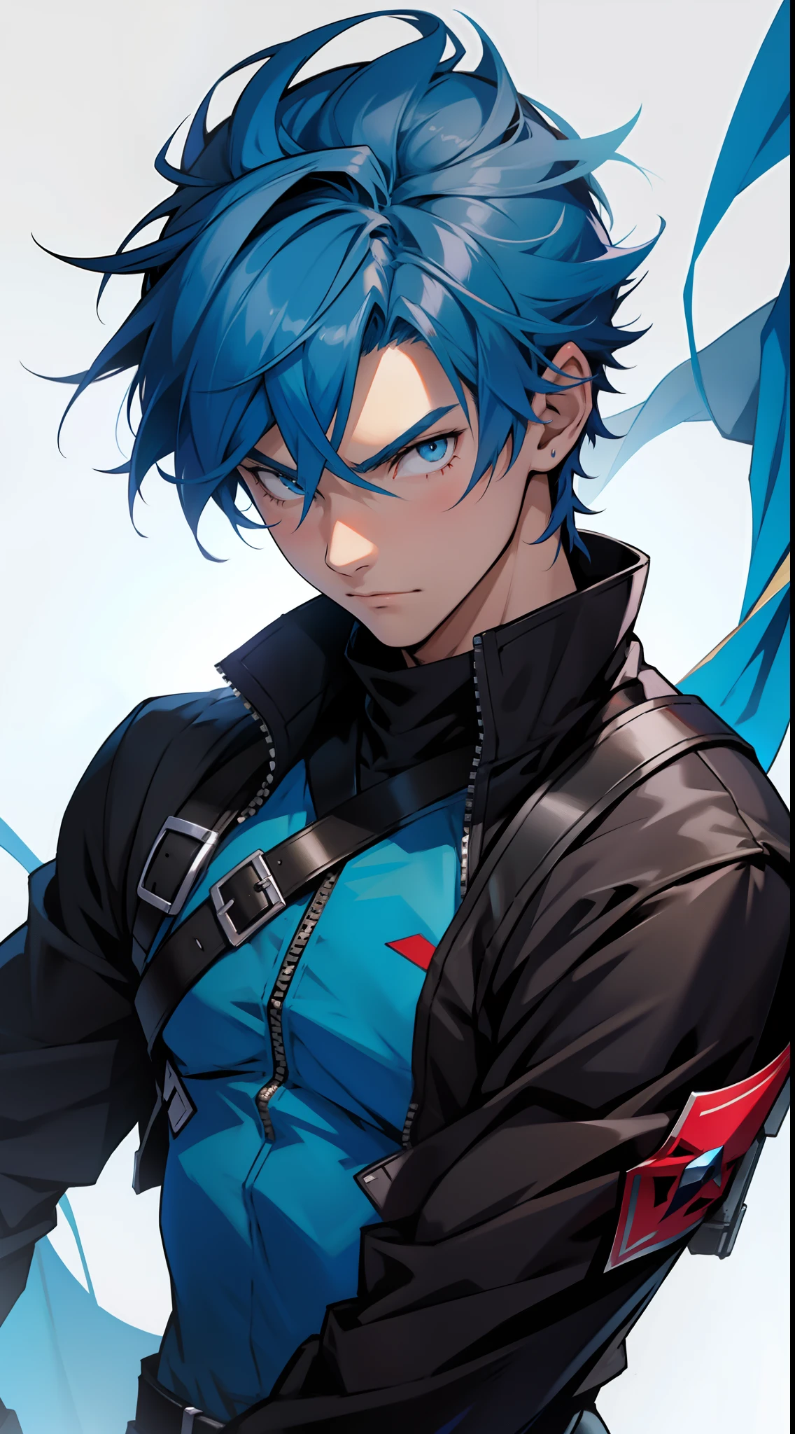 a anime teen guy, with short blue hair, villain face, wearing assasins clothes