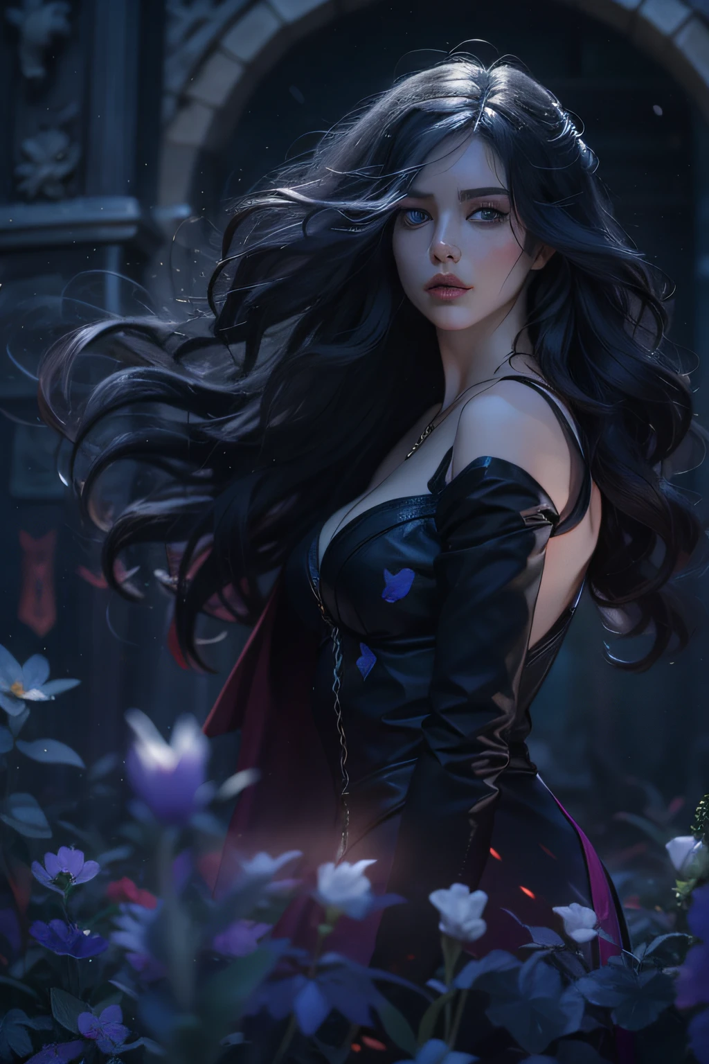 Beautiful woman reminiscent《the witcher》Yennefer in ，Long black hair and violet eyes as bright as constellations, tmasterpiece, hyper qualit, 8K, Hair fell on his shoulders, The background is a cemetery, She wore a black suit and tie.....