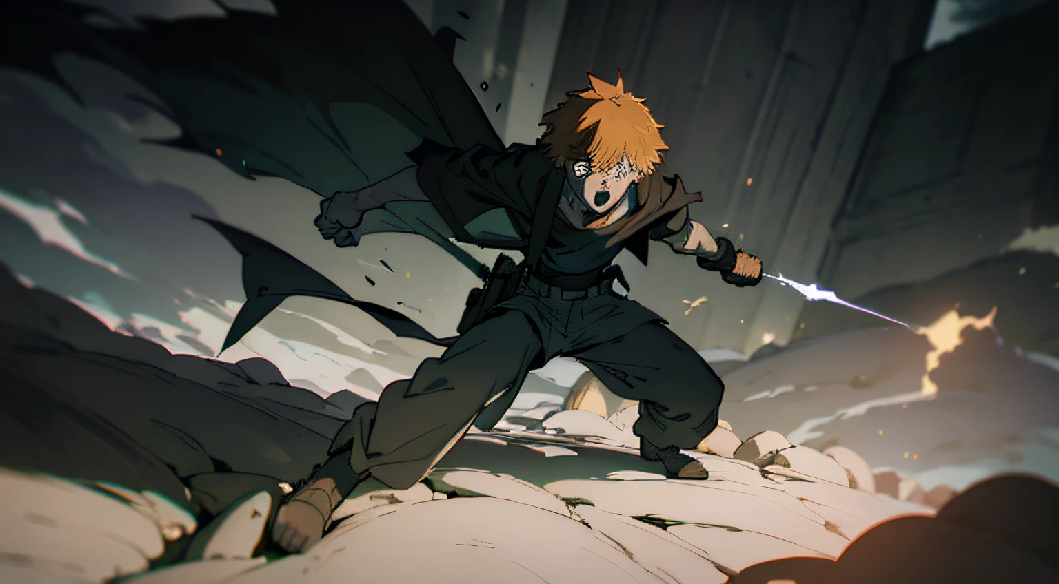 In this compelling photograph, Denji stands atop a rugged stone, striking a heroic pose with one arm extended, exuding an aura of anger. His stance exudes determination as his clenched fist reaches forward. The monochromatic scene, captured with a 35mm lens, intensifies the contrast between Denji's fiery expression and the stark surroundings, evoking a sense of raw power and imminent action. The play of light and shadow heightens the drama, casting long, dynamic shadows that add depth to the composition. The overall atmosphere is charged with intensity and impending resolution. --v 5 --stylize 1000