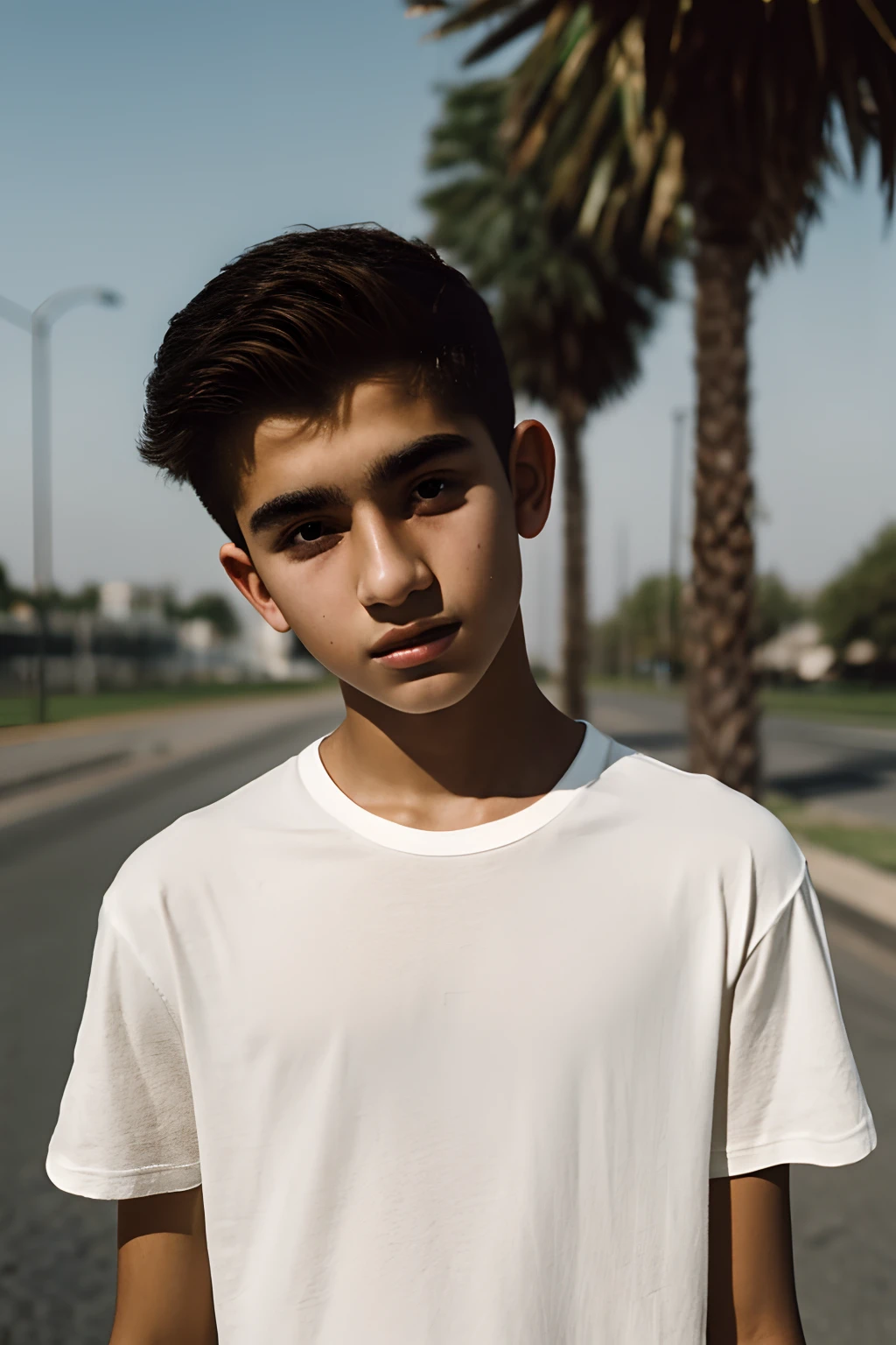 film photography portrait of a middle 14 eastern teenage guy, hyperrealistic, overcast lighting, shot on kodak portra 200, film grain, nostalgic mood, wearing black round neck plain Tee-shirt with white lose short, model mockup style, teenage fashion model style, middle eastern teenage boy.