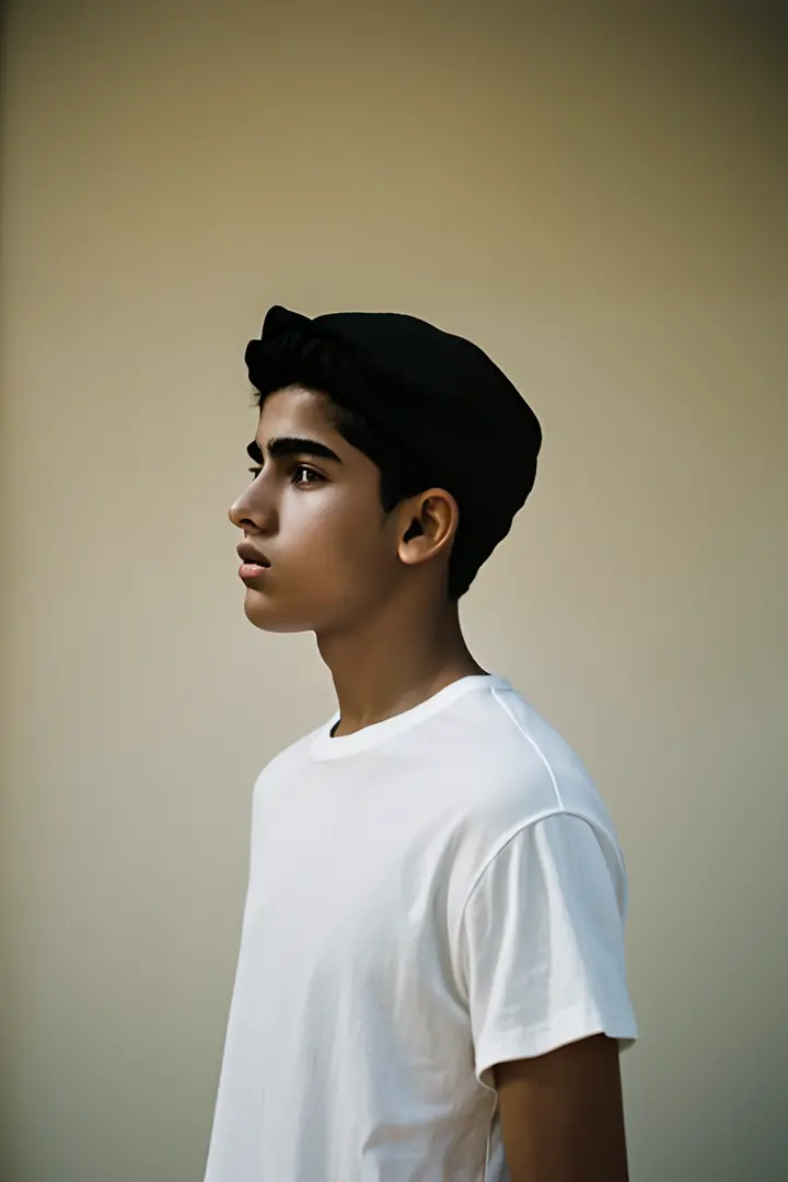 film photography portrait of a middle 14 eastern teenage guy, hyperrealistic, overcast lighting, shot on kodak portra 200, film ...