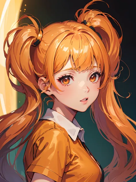 (highres, best quality:1.2), radiance, soft contours, beautiful drawing, (masterpiece), 1girl, orange twintails, stylish fashionable clothes, bright blurred background