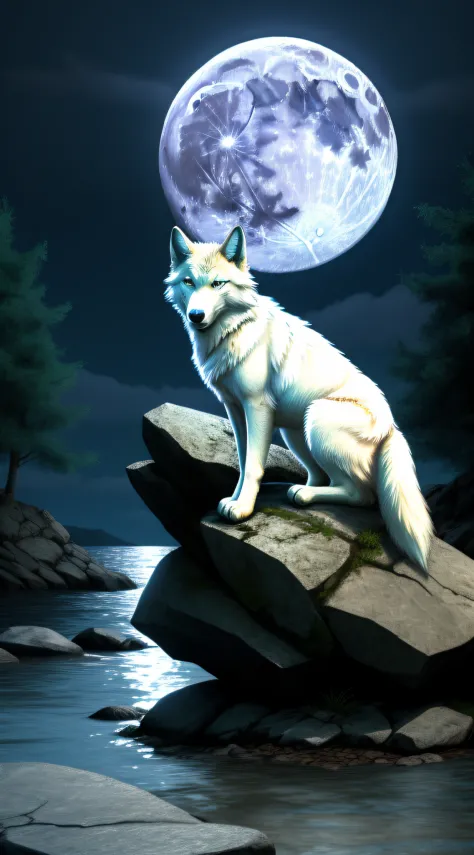 white wolf on a rock, full moon.
