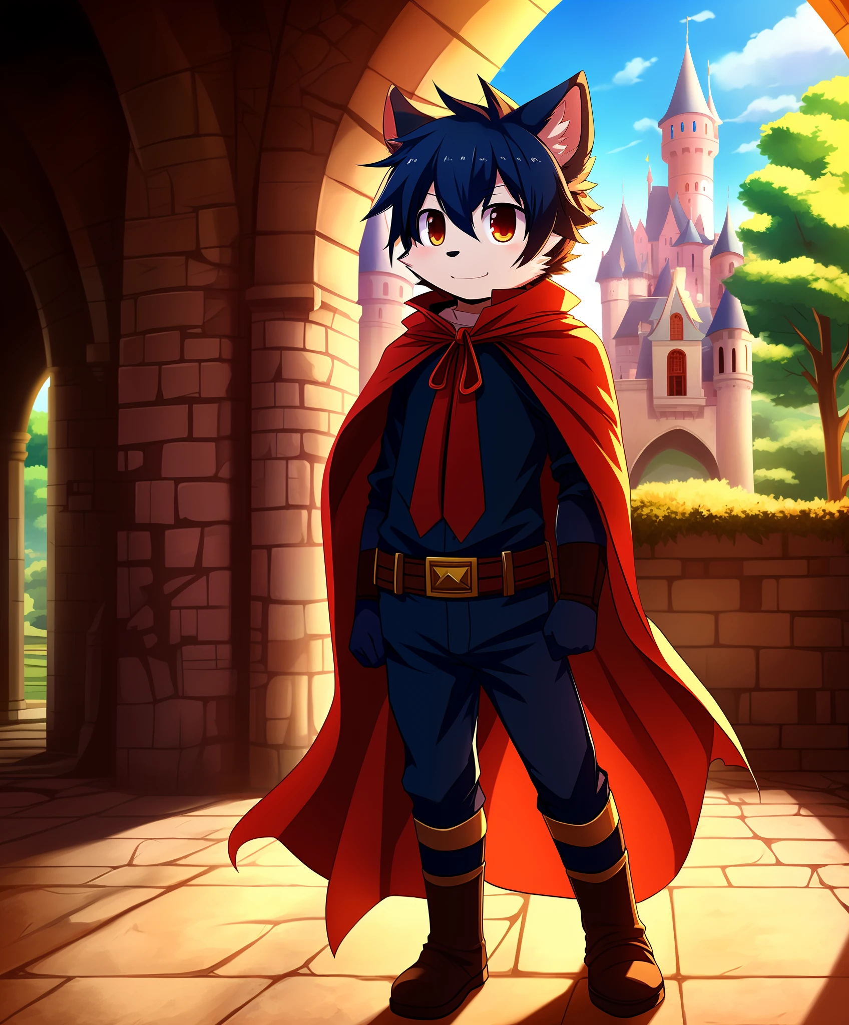 masterpiece, high quality, inside castle, anime, furry, boy, cub, cape