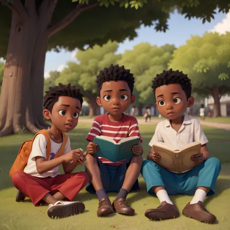 Three 10-year-old African boys reading books in the park,sendo uma rapariga e dois rapazes muito alegres