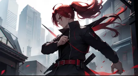 a guy with red hairs ponytail, wearing assasins clothes, with demon shadow powers, shadow aura, black smoke
